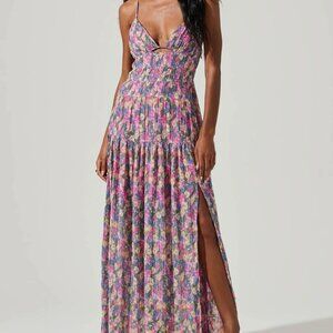 ASTR Tropics Plunge Neck Pleated Open Back Maxi Dress